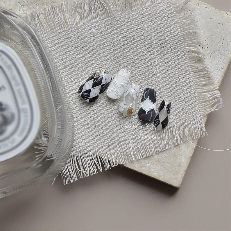 French Style Geometric Black White Square Grid Rhombus Stripe 3D Self Adhesive Nail Art Stickers Shiny Rhinestone Manicure Decal (ONLINE ORDER ONLY)