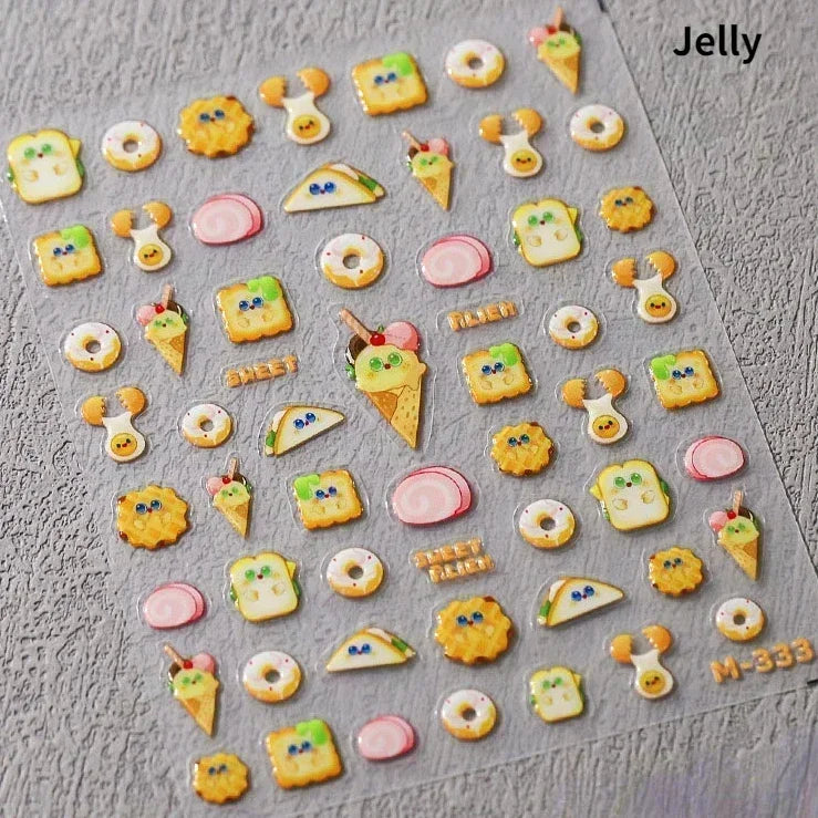 Colorful Food Pudding Alkali Water Bowknot Cream Fork Cup Bread Jelly Fruit Cartoon Cake Relief Nail Art Sticker Manicure Decals (ONLINE ORDER ONLY)