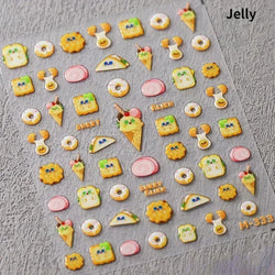 Colorful Food Pudding Alkali Water Bowknot Cream Fork Cup Bread Jelly Fruit Cartoon Cake Relief Nail Art Sticker Manicure Decals (ONLINE ORDER ONLY)