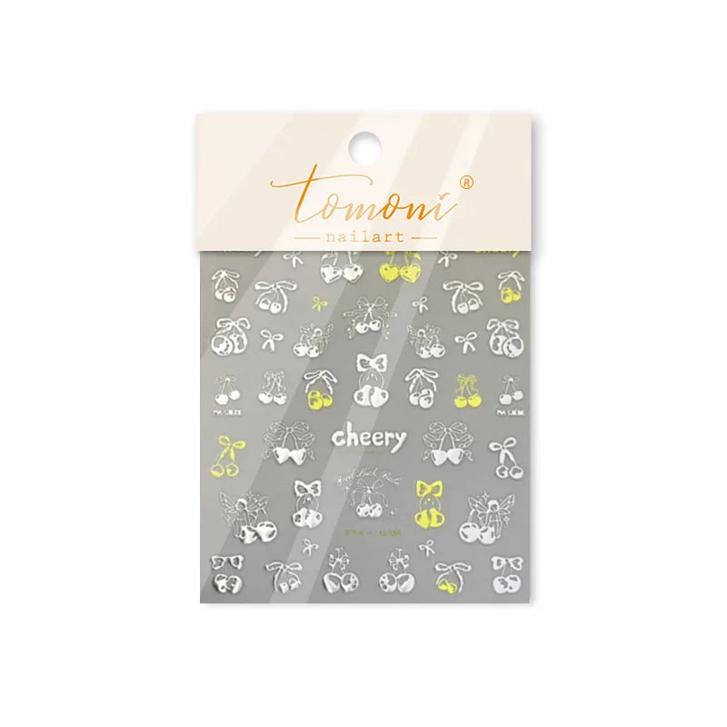 Colourful Cherry Abundant Fruits Bowknot Shiny White Line Outline Self Adhesive Nail Art Stickers Chic Rhinestone Manicure Decal (ONLINE ORDER ONLY)