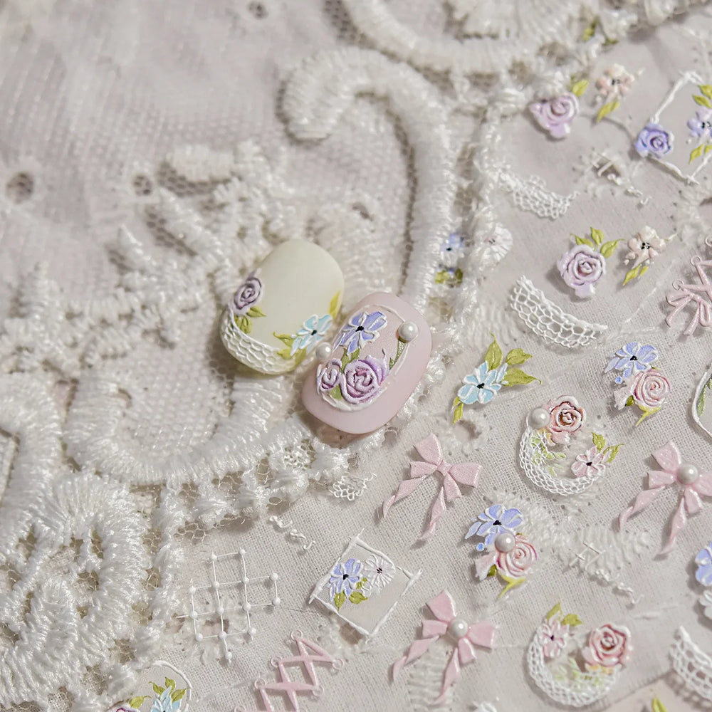 Rose Flower Bouquet Leaves Lace Bowknot Pearl Photo Frame Gird Embossed Reliefs Self Adhesive Nail Art Stickers Manicure Decals (ONLINE ORDER ONLY)