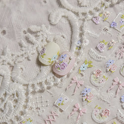 Rose Flower Bouquet Leaves Lace Bowknot Pearl Photo Frame Gird Embossed Reliefs Self Adhesive Nail Art Stickers Manicure Decals (ONLINE ORDER ONLY)