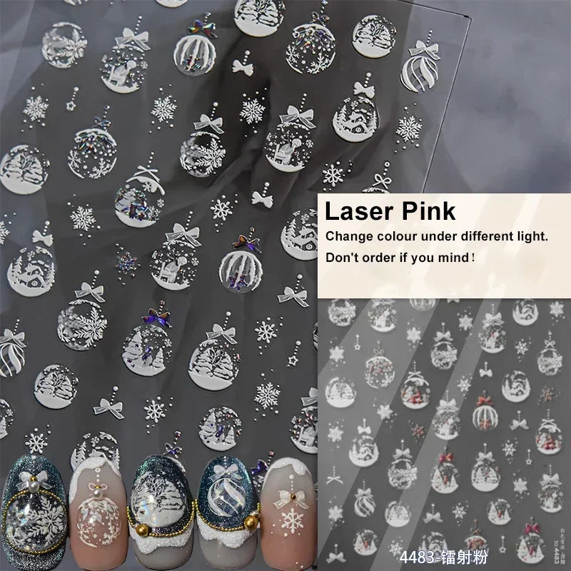 Winter Christmas Crystal Delicate Hexagon Romantic Laser Silver Chic Snowflakes Self Adhesive Nail Art Sticker 5D Manicure Decal (ONLINE ORDER ONLY)