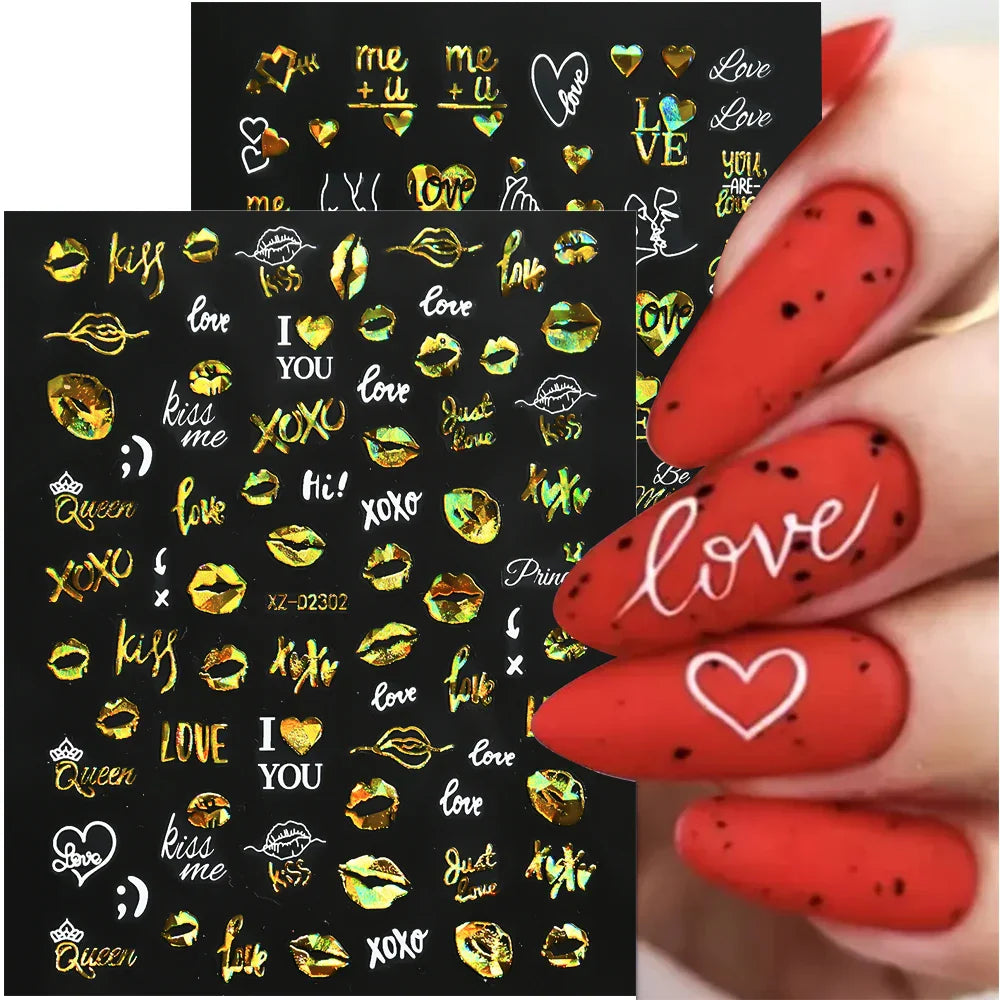 12pcs 3D Golden Glitter Heart Love Nail Stickers Valentine Self Adhesive Cute Cartoon Decal Geometry Slider Manicure Decoration* (ONLINE ORDER ONLY)
