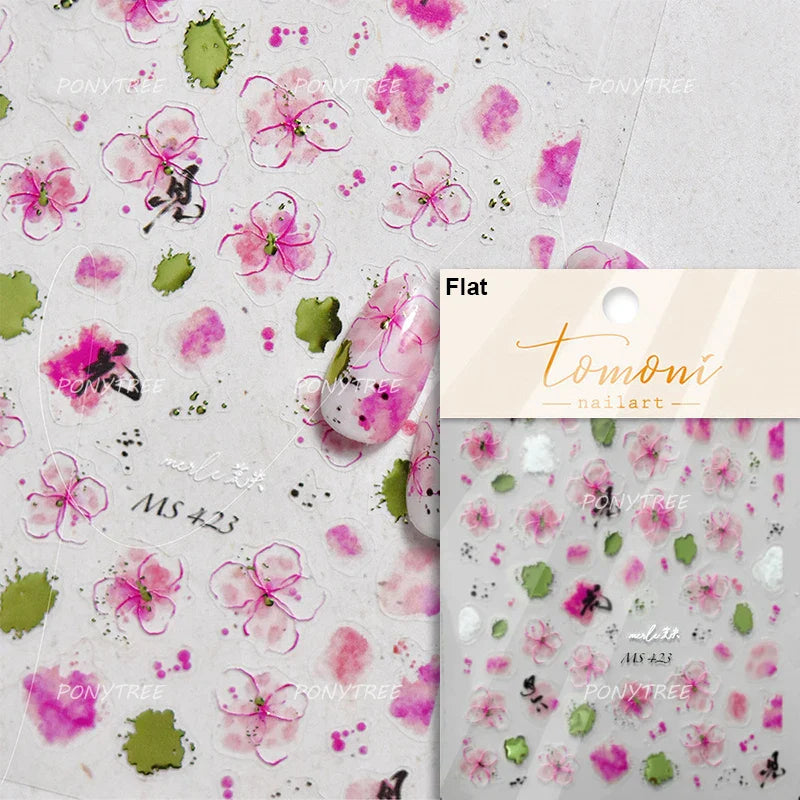 Pink Peach Blossom Flower White Pear Romantic Archaistic Swallow Window Adhesive Nail Art Stickers Rhinestone Manicure Decals (ONLINE ORDER ONLY)