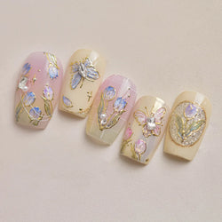 Delicate Dreamy Petal Star Tulip Flower Purple Bowknot Butterfly Illusion Chic Relief Adhesive Nail Art Stickers Manicure Decals (Online Order Only)