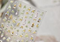 Oil Painting Style Rose Camellia Flower Vase Romantic Candle Holder Bowknot Embossed Adhesive Nail Art Stickers Manicure Decals (ONLINE ORDER ONLY)