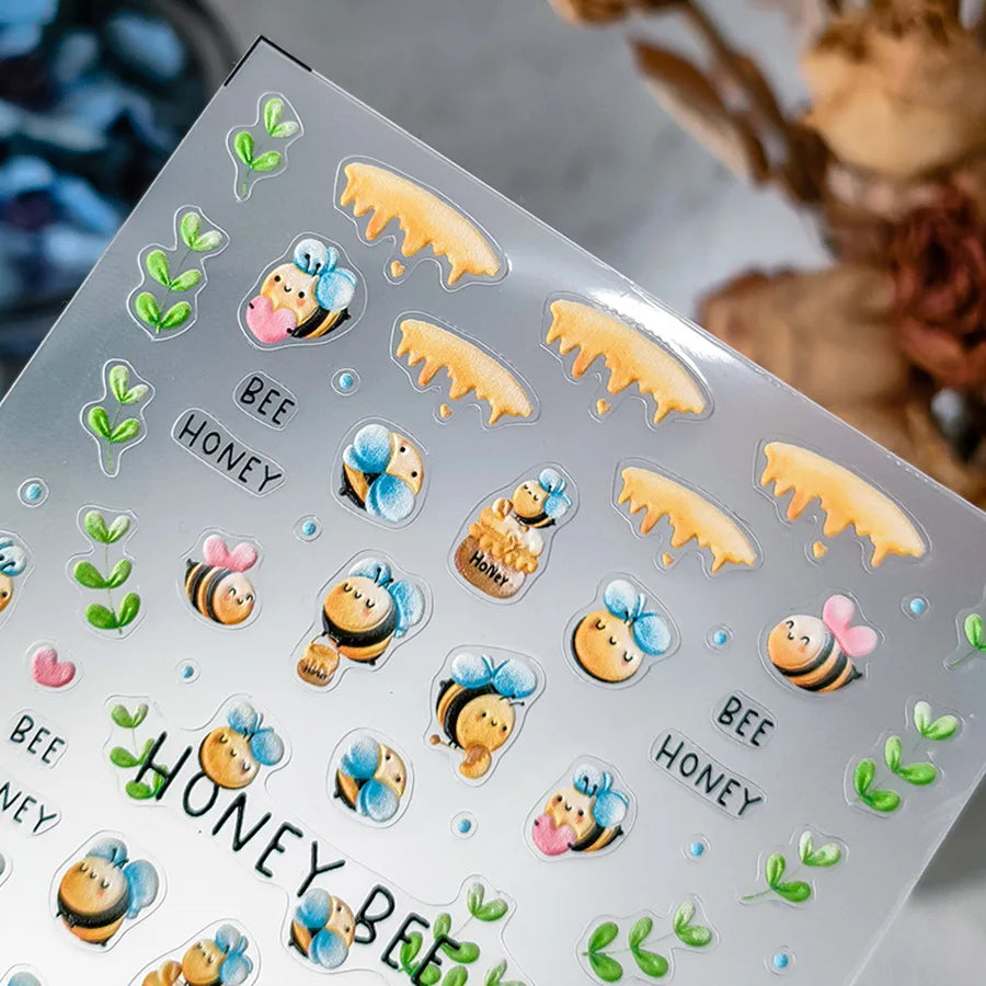 Cute Bee Honey Jar Daisy Flowers Gather Honey Pot Love Heart Green Leaves Reliefs Self Adhesive Nail Art Stickers Manicure Decal (ONLINE ORDER ONLY)