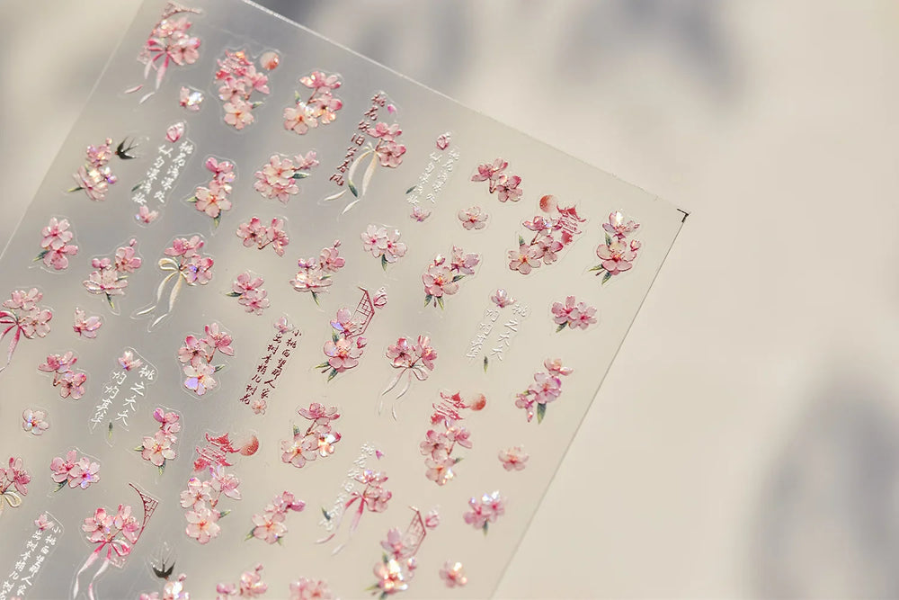 Pink Peach Blossom Flower White Pear Romantic Archaistic Swallow Window Adhesive Nail Art Stickers Rhinestone Manicure Decals (ONLINE ORDER ONLY)