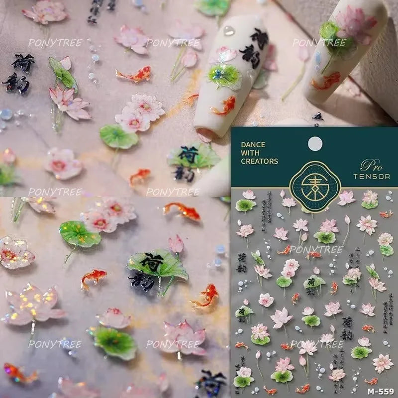 Lotus Flower Leaf Goldfish Ripple Wavelet Water Droplet Lotus Pond Brocaded Carp Self Adhesive Nail Art Stickers Manicure Decals (Online Order Only)