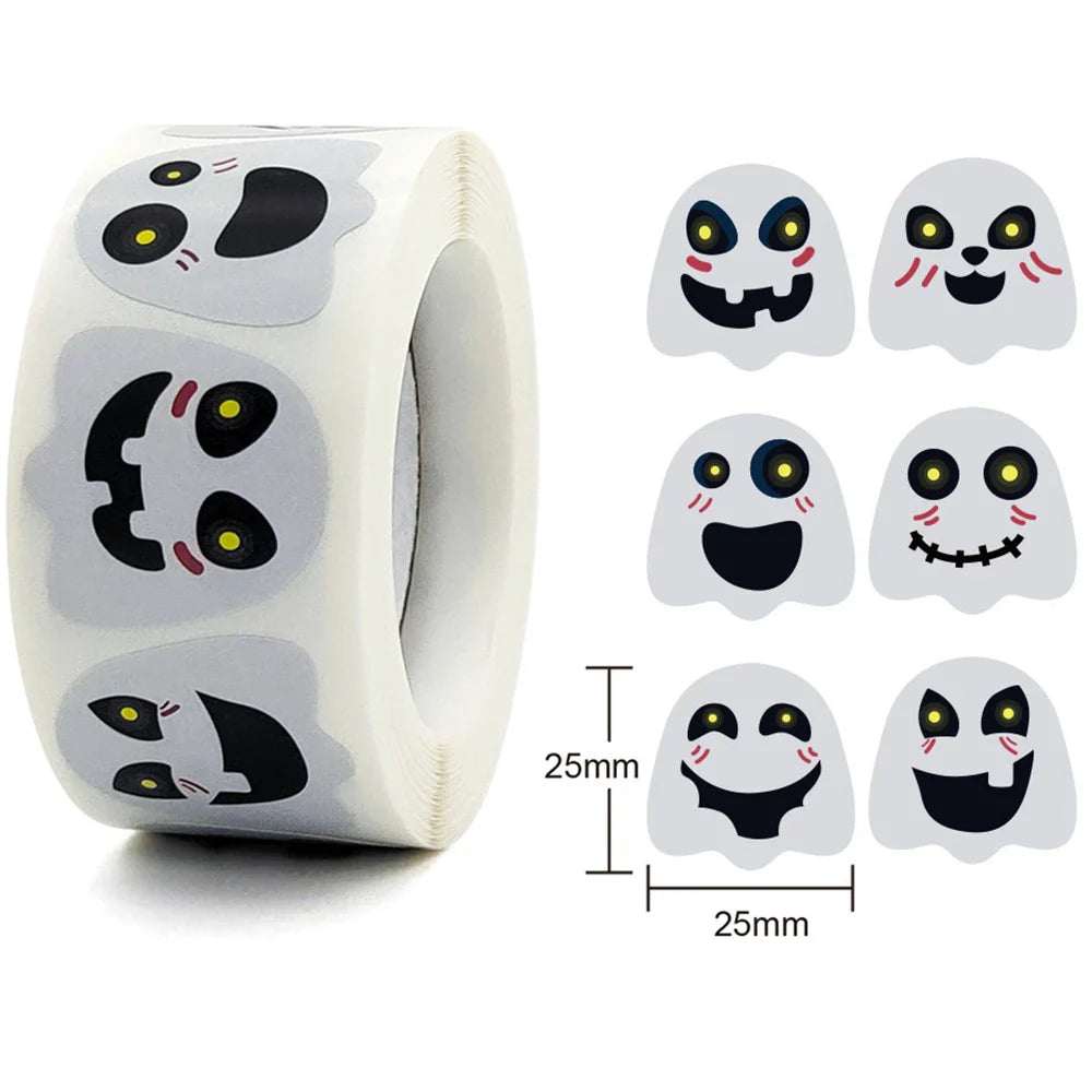 500pcs/roll Halloween Sticker Ghost Labels Gift Candy Bags Seal Stickers Halloween DIY Package Paper Sticker Party Decoration (Online Order Only)