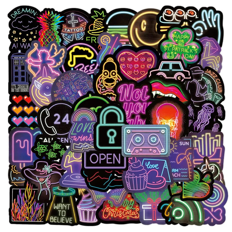 50 Pcs Funny Designer Bike Stickers Neon Decals Bicycle Frame Stickers Fashion Cycle Travel Accessories (ONLINE ORDER ONLY)