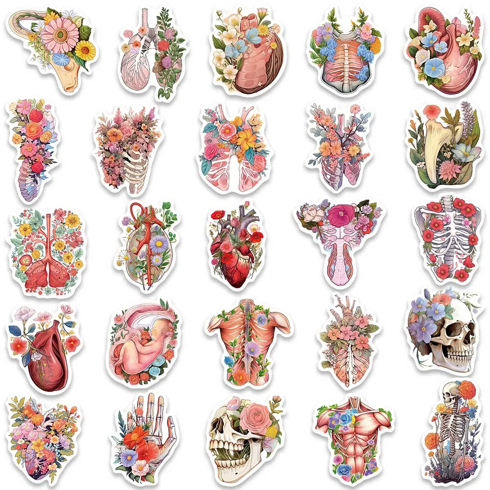 50pcs Colorful Cartoon Flowers Skull Human Organs Graffiti Stickers For Laptop Phone Guitar Luggage Waterproof Vinyl Decals (ONLINE ORDER ONLY)