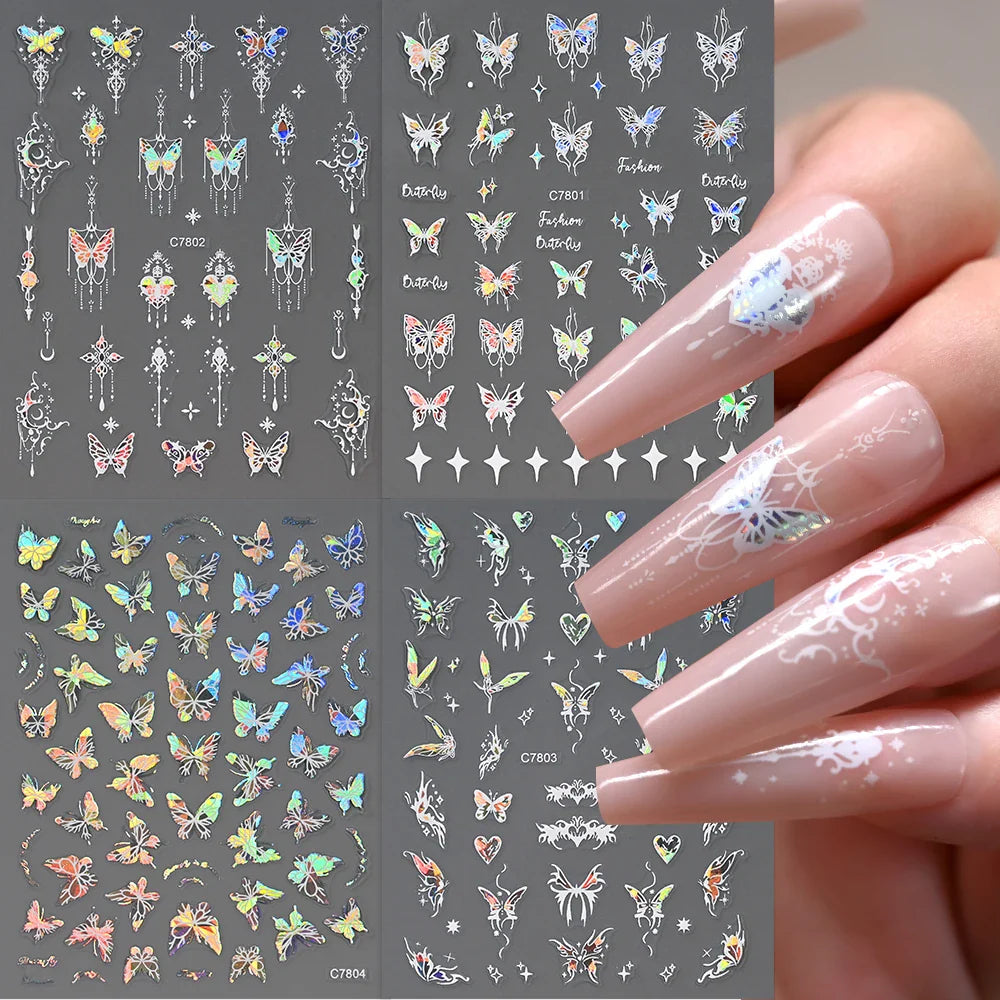 1pcs Butterfly Floral Nail Art Stickers Magic Shell Light Laser Black/White Nail Decoration Butterfly Slider Manicure Ornaments* (Online Order Only)