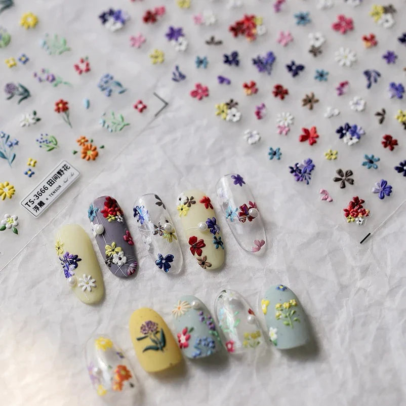 Chic Wild Flower Oil Painting Small Variegated Daisy Peach Blossom Lavender Petal Adhesive Nail Art Stickers Manicure Decals (Online Order Only)