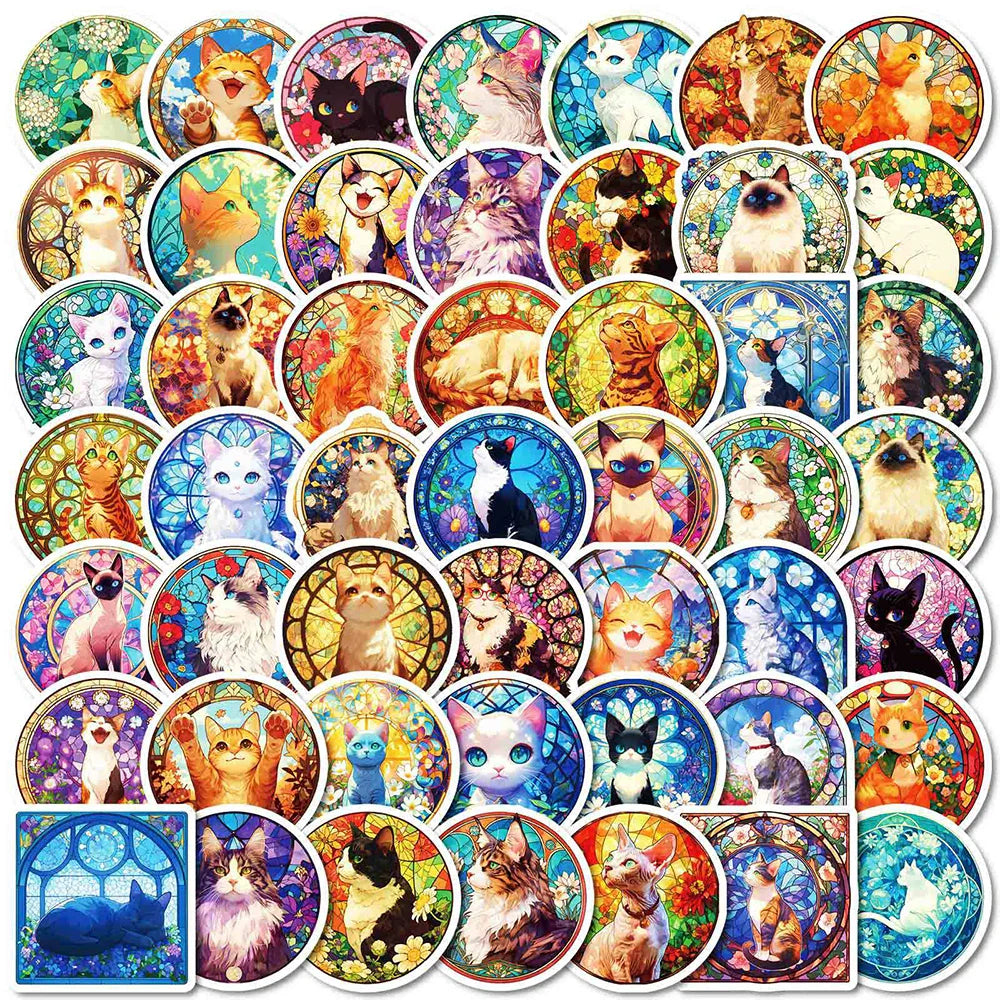 Retro Colorful Glass Cat Stickers 10/30/50pcs Aesthetic Decals for Kids, Skateboard, Laptop, Phone, Fridge, Bike (Online Order Only)