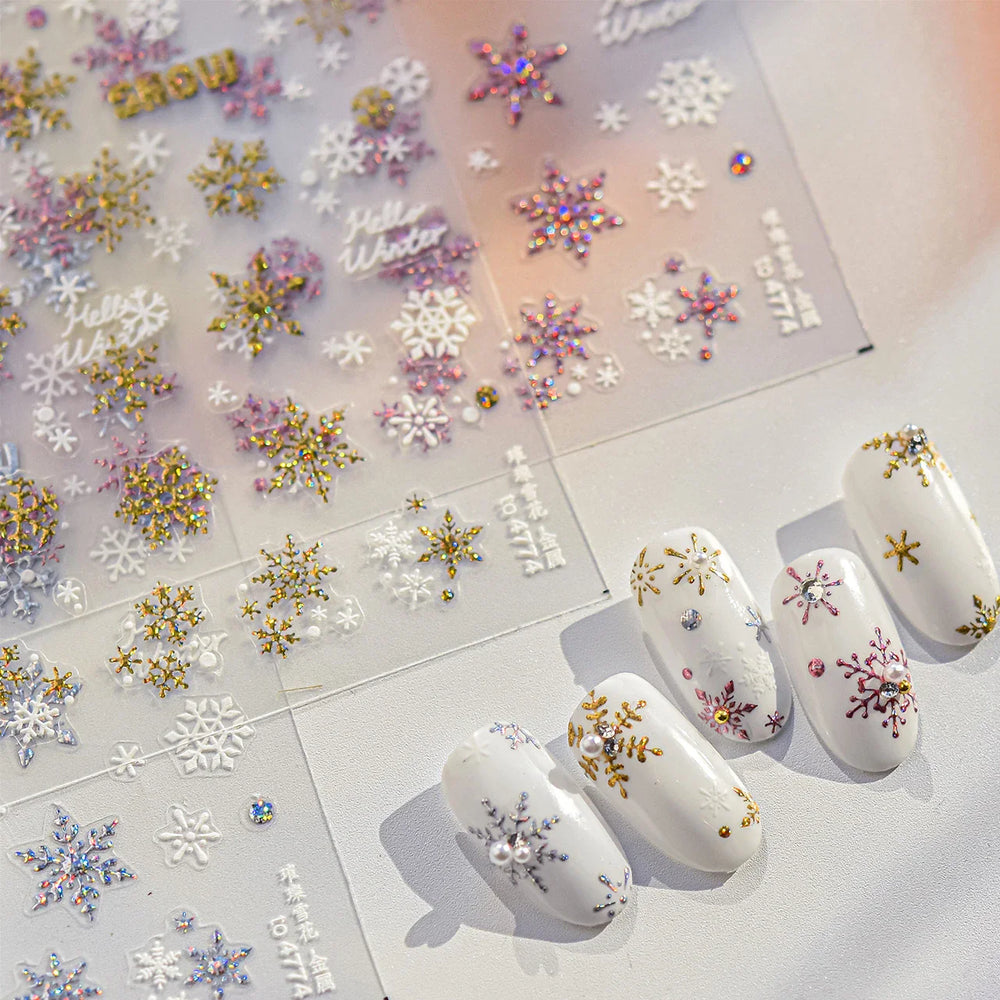 Shiny Pink Silver Hot Stamping Snow Adhesive Nail Art Sticker Snowflake Rhinestone Manicure Decal Nail Supplies for Professional (Online Order Only)