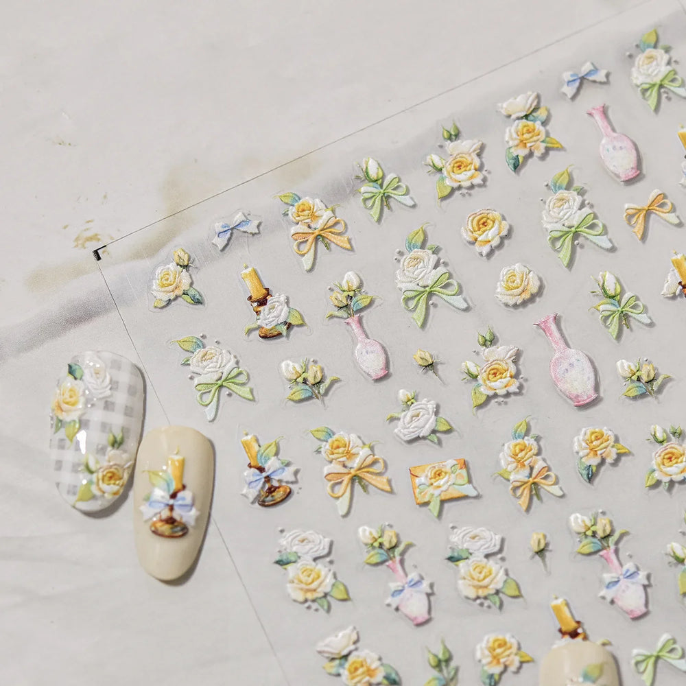 Oil Painting Style Rose Camellia Flower Vase Romantic Candle Holder Bowknot Embossed Adhesive Nail Art Stickers Manicure Decals (ONLINE ORDER ONLY)