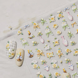 Oil Painting Style Rose Camellia Flower Vase Romantic Candle Holder Bowknot Embossed Adhesive Nail Art Stickers Manicure Decals (ONLINE ORDER ONLY)