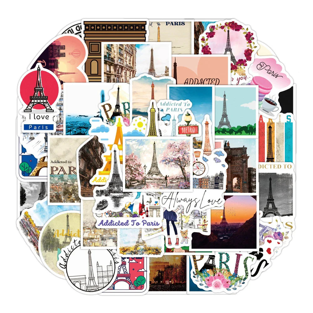 10/30/50PCS Paris Landscape Famous Buildings Stickers Decal Decorative DIY Phone Motorcycle Laptop Toy PVC Waterproof Sticker (ONLINE ORDER ONLY)