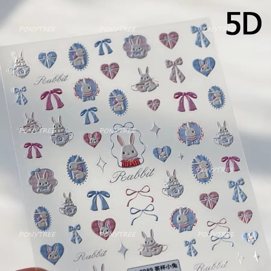 Cute Rabbit Fan Peach Blossom Teacup Lollipop Strawberry Star Cherry Hat Soft Embossed Adhesive Nail Art Stickers Manicure Decal (ONLINE ORDER ONLY)