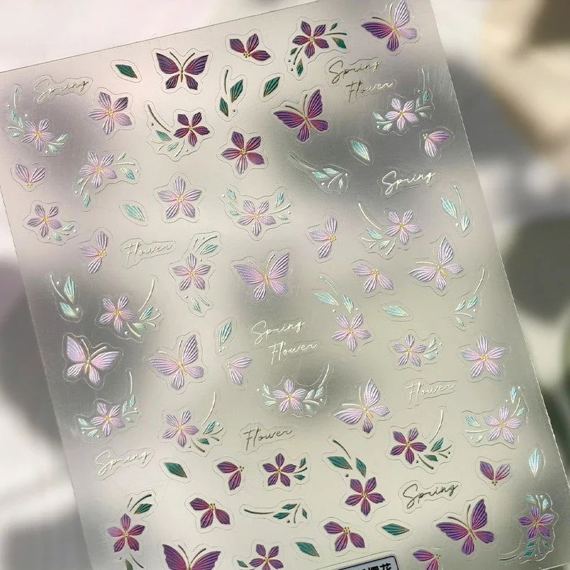 Charming Pink Purple Embroidery Gradual Butterfly Flowers Green Leaf 5D Tender Self Adhesive Nail Art Stickers Manicure Decals (ONLINE ORDER ONLY)