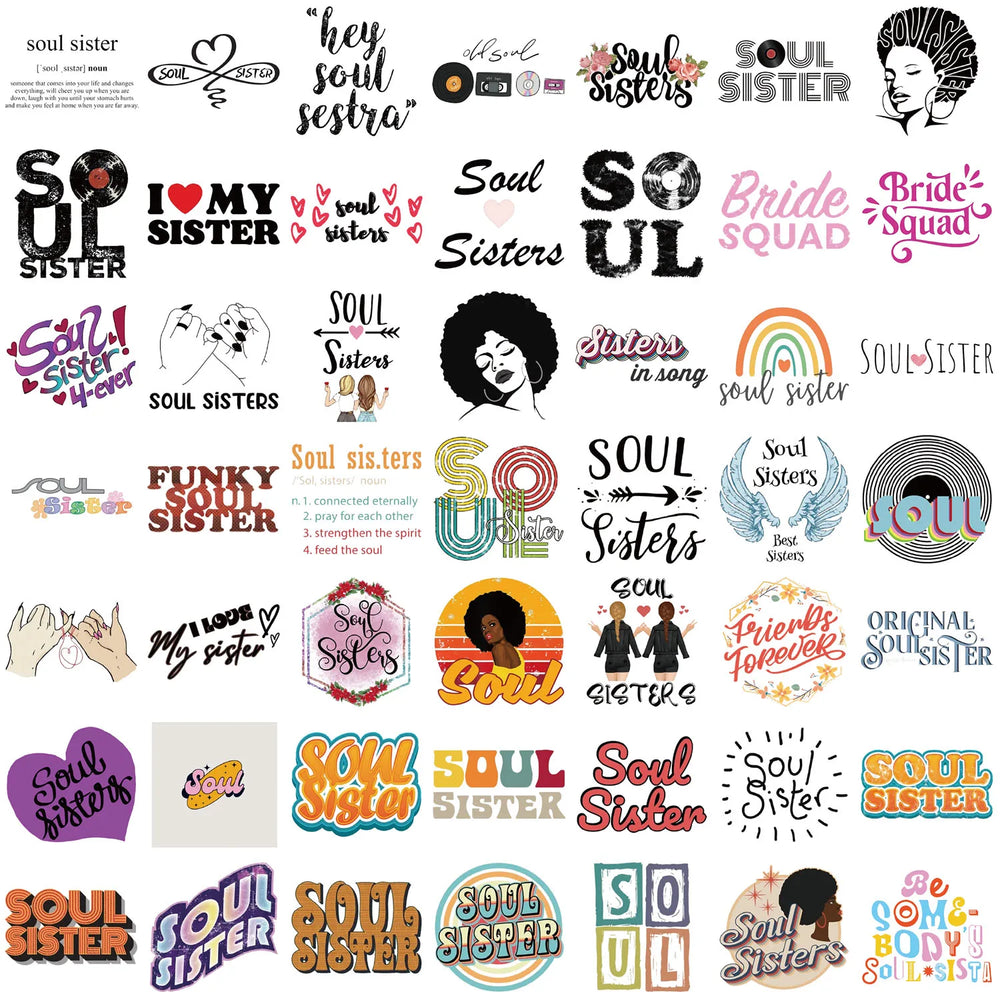 Soul Sister Stickers 50PCS Waterproof Aesthetic Decals for Phone Laptop Suitcase Skateboard Guitar (Online Order Only)