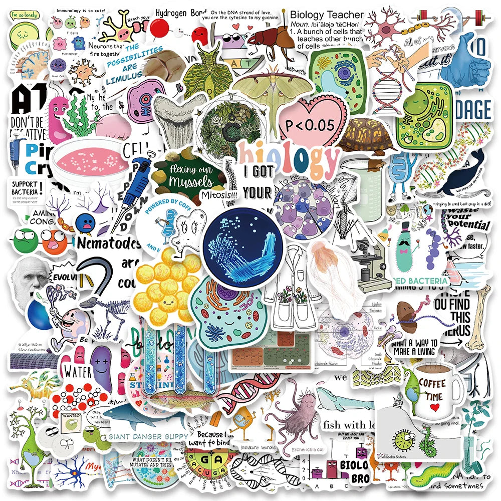 50/100pcs Biology Stickers Funny Aesthetic Decals Vinyl Waterproof Laptop Luggage Fridge Stationery Scrapbook Phone Sticker (ONLINE ORDER ONLY)