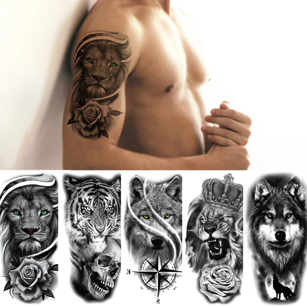 5pcs Waterproof Temporary Tattoo Stickers: Lion, Flower, Wolf, Rose, Tiger (ONLINE ORDER ONLY)