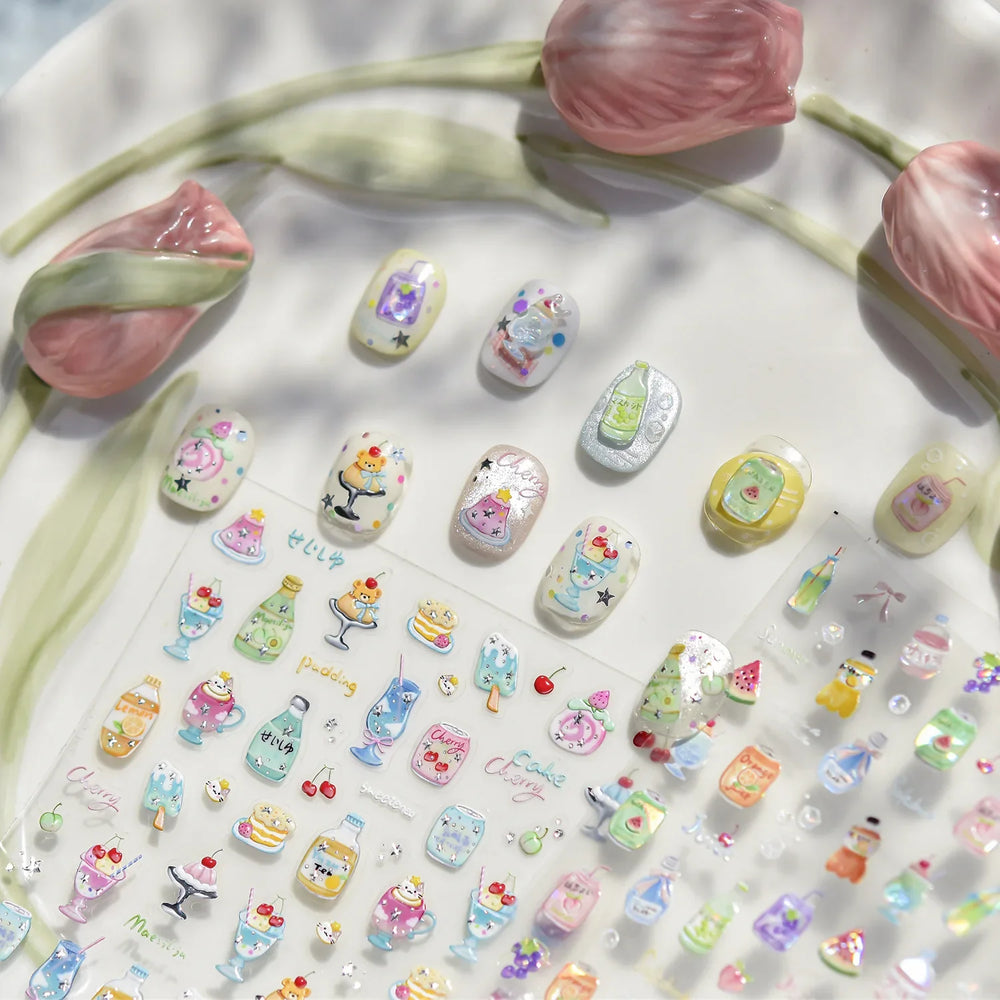 Soda Fruit Beverage Bottle Bear Watermelon Popsicle Dessert Ice Cream Cat Cherry Strawberry Bow Summer Nail Art Stickers Decals (ONLINE ORDER ONLY)