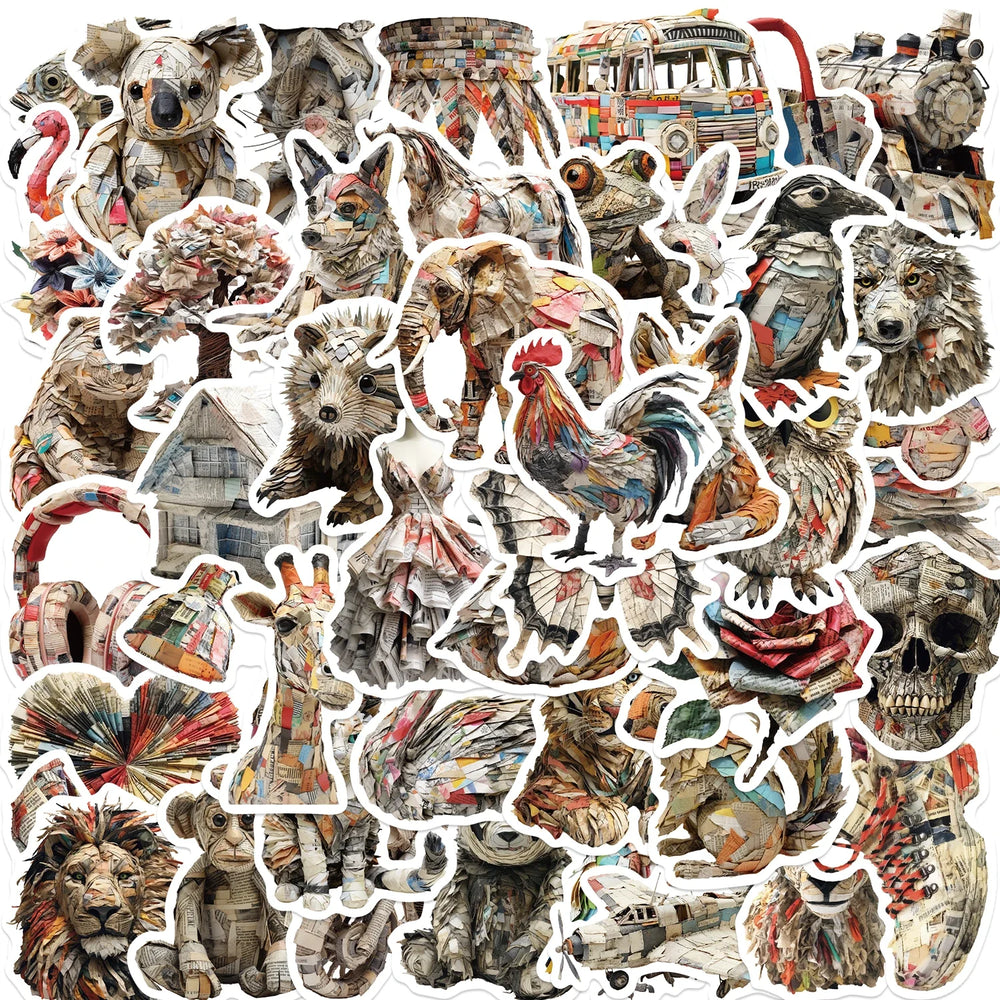 50Pcs Animals of Newspaper Sculptures Stickers Laptop Suitcase Graffiti Skateboard Luggage Waterproof PVC Stickers Kids Gift Toy (Online Order Only)
