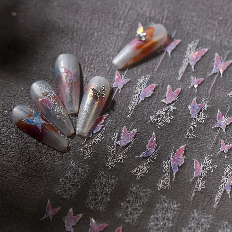 Butterfly Flower Hollow Out Lace Delicate Floral Print Shiny Cloth Block Insect Self Adhesive Nail Art Stickers Manicure Decals (Online Order Only)