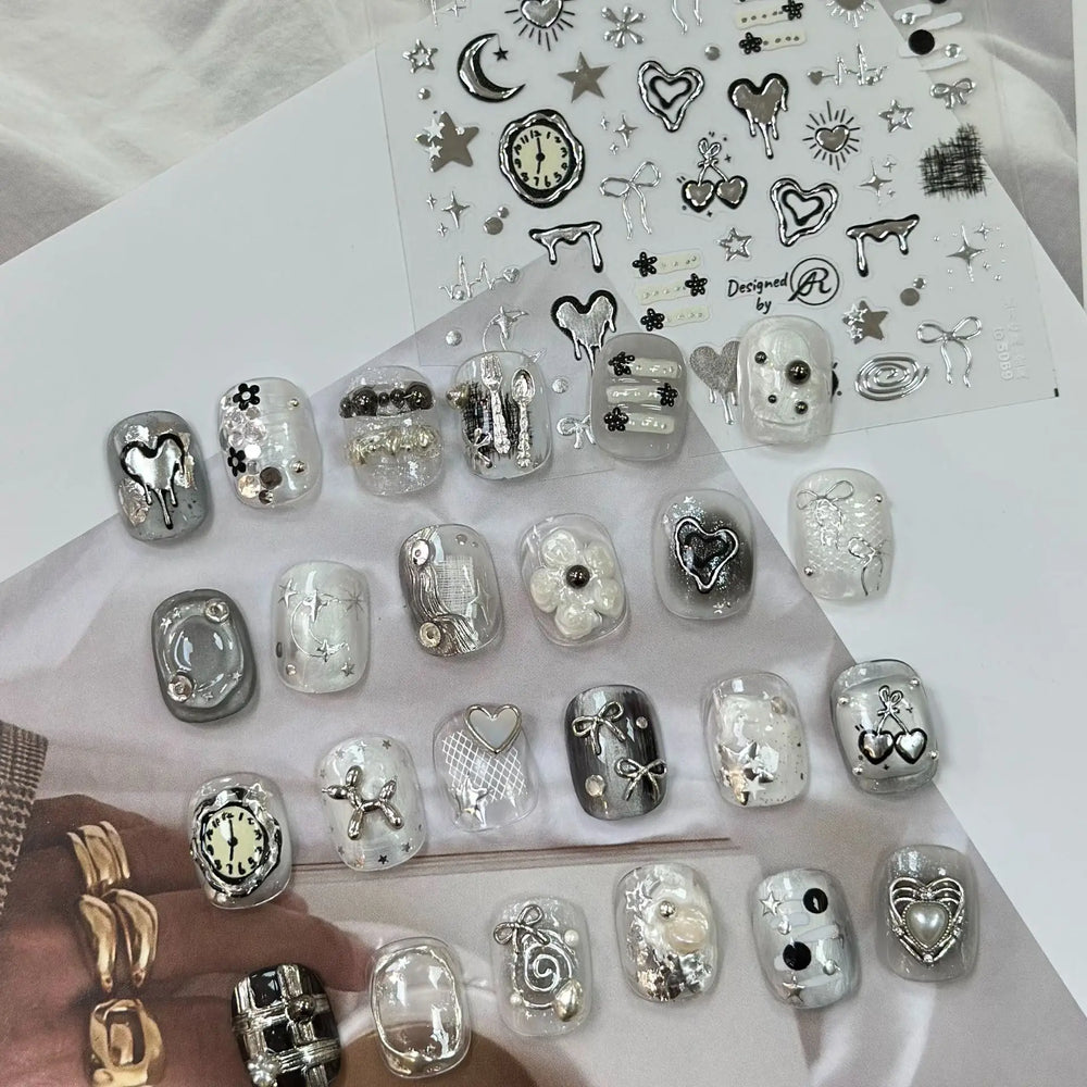 Silver Star Moon Clock Watch Cherry Love Heart Bowknot Gird Irregular Lines Dot Liquid Lava Nail Art Stickers Manicure Decals (ONLINE ORDER ONLY)
