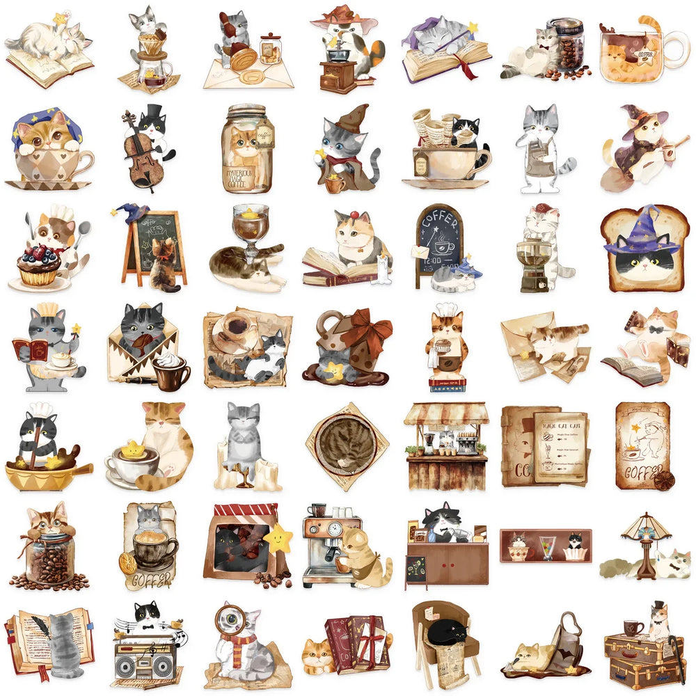 10/30/50PCS Cartoon Magic Stickers Cat Coffee Transparent Sticker DIY Toy Scrapbook Luggage Laptop Guitar Bike Graffiti Decals (ONLINE ORDER ONLY)