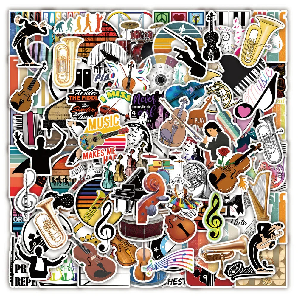 Cartoon Orchestra Instrument Stickers for Laptop, Luggage, Motorcycle, Violin, Saxophone - 10/30/50/100PCS (Online Order Only)