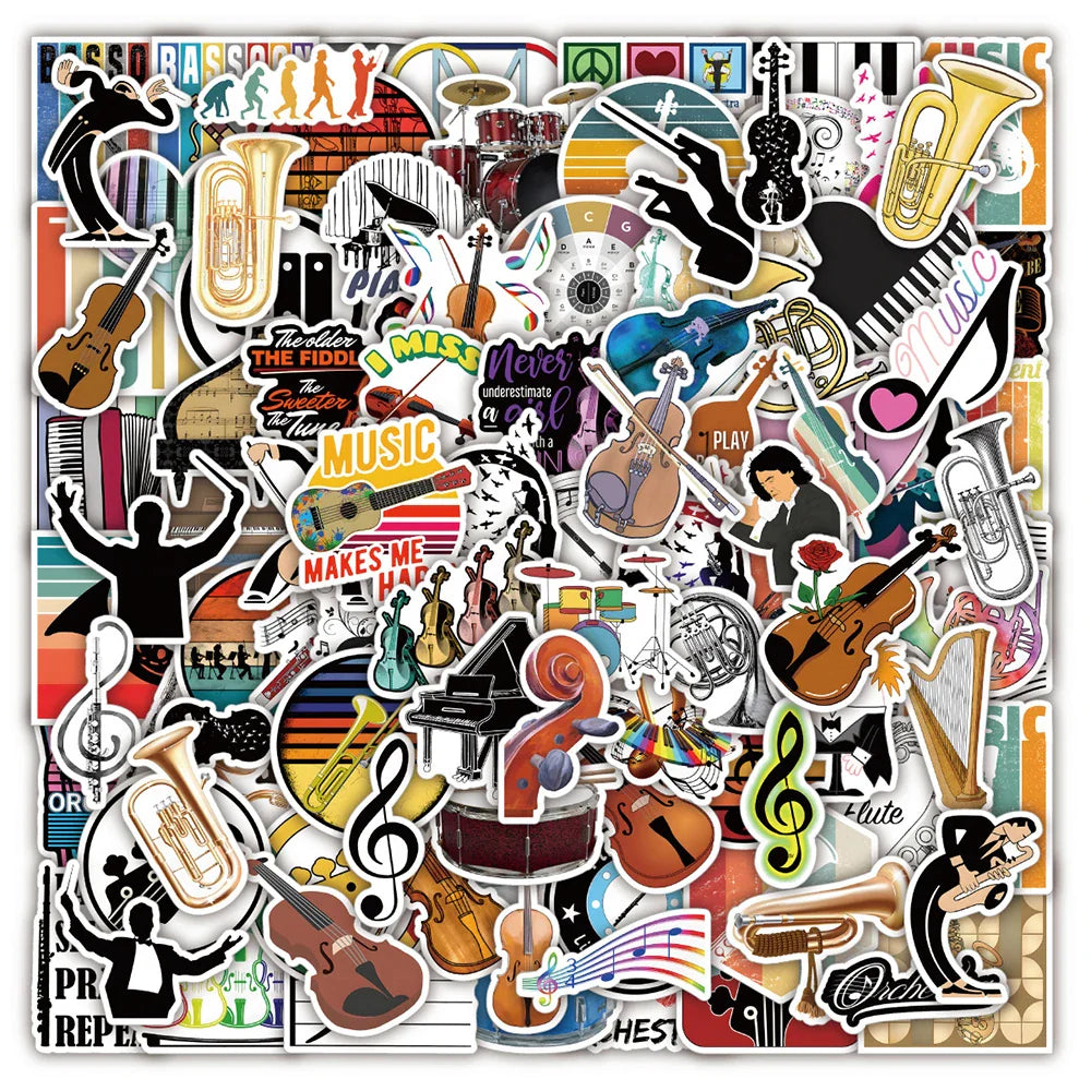 Cartoon Orchestra Instrument Stickers for Laptop, Luggage, Motorcycle, Violin, Saxophone - 10/30/50/100PCS (Online Order Only)