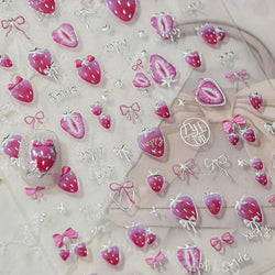 Pink Juicy Strawberry Fruit Cutting Line Ribbon Bowknot Star Happy Sweet Lovely Fruits Delicate Nail Art Stickers Manicure Decal (ONLINE ORDER ONLY)
