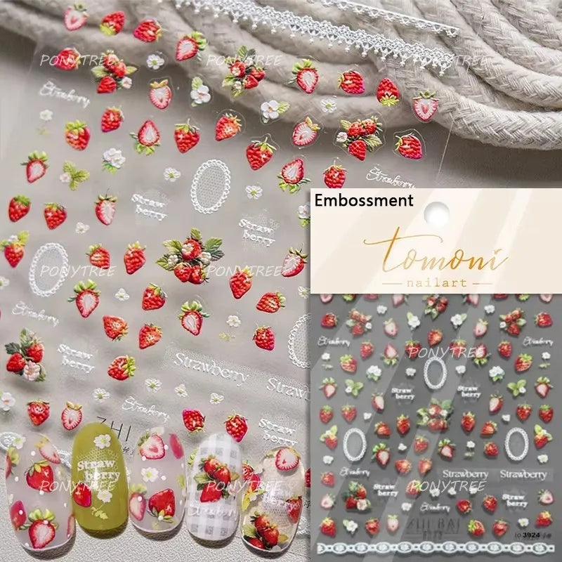 Pink Juicy Strawberry Fruit Cutting Line Ribbon Bowknot Star Happy Sweet Lovely Fruits Delicate Nail Art Stickers Manicure Decal (ONLINE ORDER ONLY)