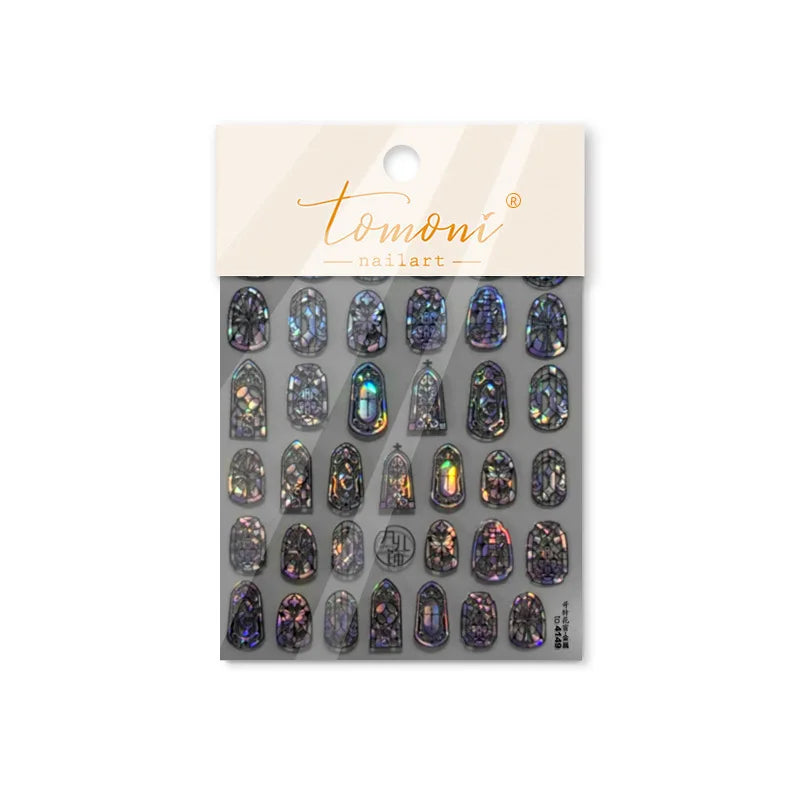 Retro Shiny Glazed Rococo Flower Window Dreamy Butterfly Geometric Frame Stamp Embossed Reliefs Nail Art Stickers Manicure Decal (Online Order Only)