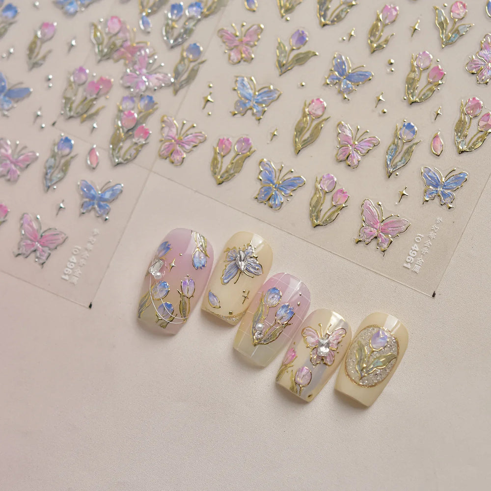 Delicate Dreamy Petal Star Tulip Flower Purple Bowknot Butterfly Illusion Chic Relief Adhesive Nail Art Stickers Manicure Decals (Online Order Only)