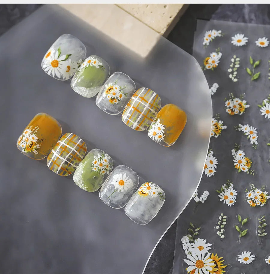 White Daisy Sunflower Green Leaves Wreath Garland Flower Cluster Bouquet Flat Adhesive Nail Art Sticker Manicure Decals Supplies (Online Order Only)