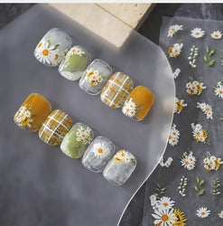 White Daisy Sunflower Green Leaves Wreath Garland Flower Cluster Bouquet Flat Adhesive Nail Art Sticker Manicure Decals Supplies (Online Order Only)