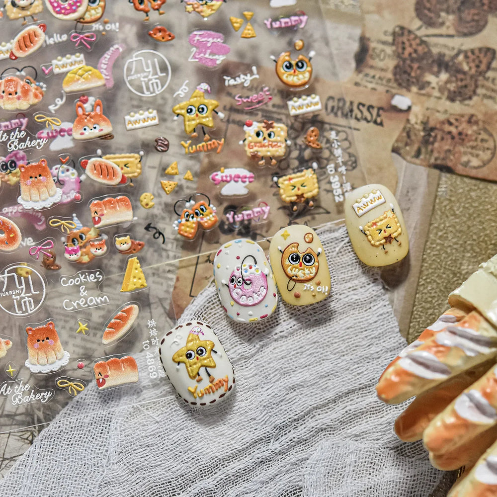 Sweet Cookies Biscuit Snack Delicious Doughnut Savoury Food Bicky Croissant Cheese Pudding Baguette Chic Nail Art Stickers Decal (ONLINE ORDER ONLY)