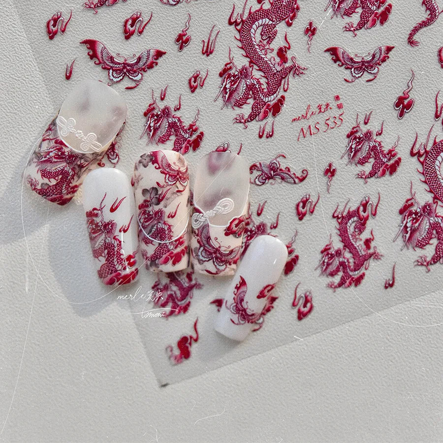 Retro Embroidered Dragon Red Pink Blue White Porcelain Chinese 3D Embossed Relief Self Adhesive Nail Art Stickers Manicure Decal (ONLINE ORDER ONLY)