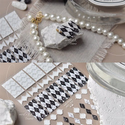 French Style Geometric Black White Square Grid Rhombus Stripe 3D Self Adhesive Nail Art Stickers Shiny Rhinestone Manicure Decal (ONLINE ORDER ONLY)