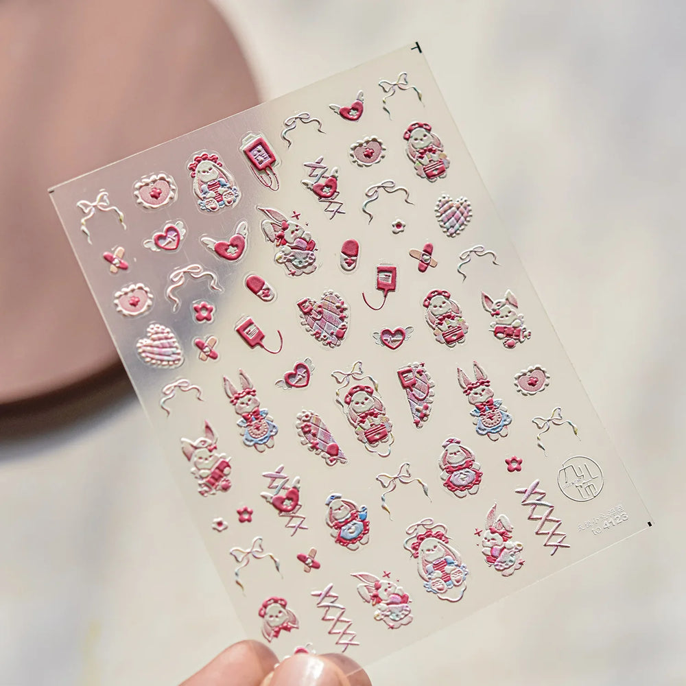 Cream Wind Cat Rabbit Kitten Bunny Bowknot Flower Butterfly Cake Cherry Tulip 5D Self Adhesive Nail Art Stickers Manicure Decals (Online Order Only)