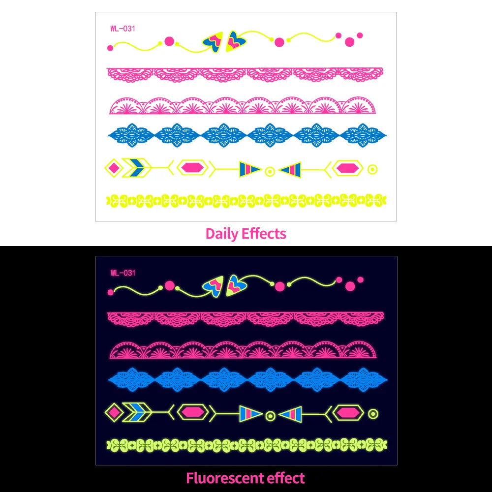 1pc Bohemia Fluorescent Sticker Luminous Temporary Tattoos Stickers UV Glow Fluorescent Tattoo Waterproof For Body Art Decals *& (Online Order Only)