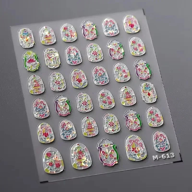 Geometric French Style Colorful Square Grid Rhombus Line Stripe Bowknot 3D Self Adhesive Nail Art Stickers Shiny Manicure Decals (ONLINE ORDER ONLY)