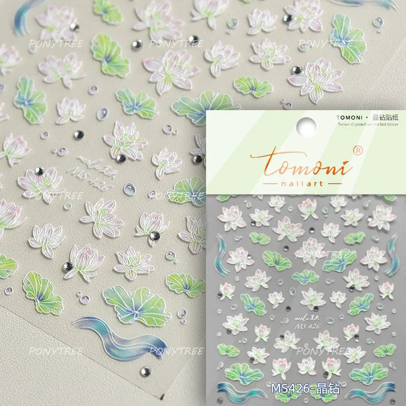 Orchid Daisy Chrysanthemum Peach Blossom Lotus Flower Vase Floral Art Fan Wintersweet Adhesive Nail Art Stickers Manicure Decals (Online Order Only)