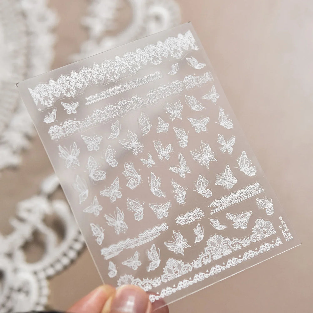 Lace Butterfly Hollow Out Fabric Romantic Flower Pattern Chic Adhesive Nail Art Sticker Rhinestone Manicure Decals Nail Supplies (ONLINE ORDER ONLY)